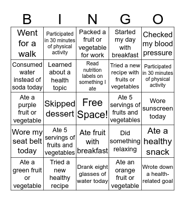 Health Challenge Bingo Card
