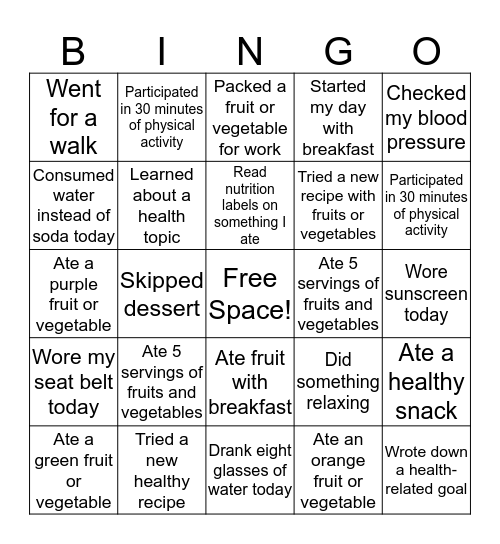 Health Challenge Bingo Card