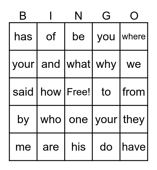 List 2 Trick Words Bingo Card