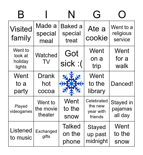What did you do over Winter Break? Bingo Card