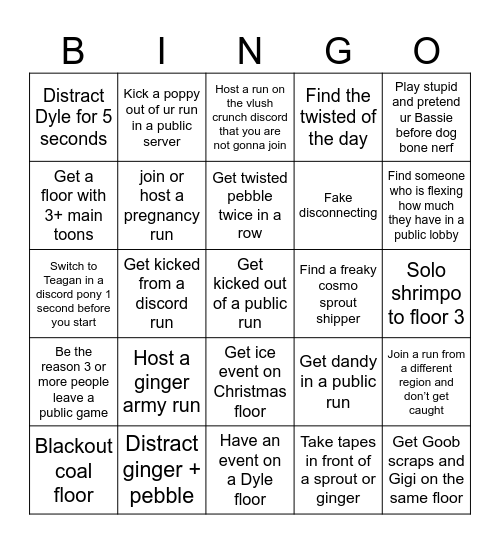 Dandy’s World Bingo # 1 Bingo Card