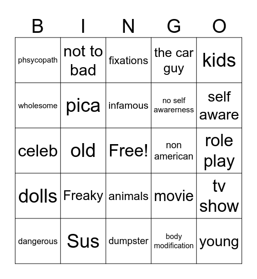 My Strange Addiction Bingo Card