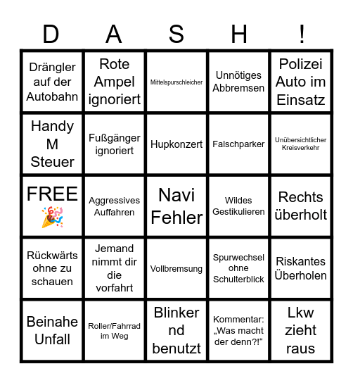 Dashcam Bingo Card