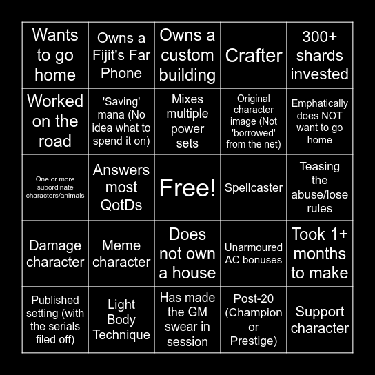 Primordia Character Bingo Card