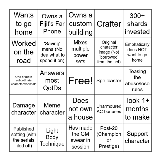 Primordia Character Bingo Card