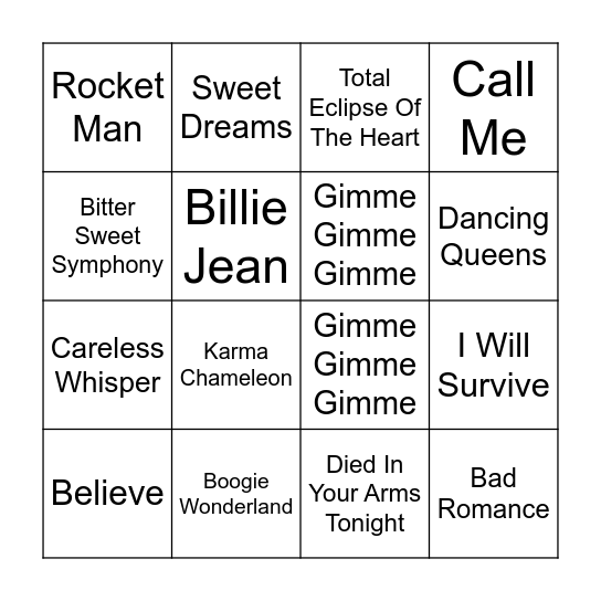 Musical Bingo Card