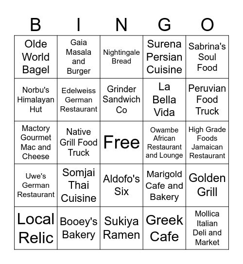 2026 Restraunt Bingo Card