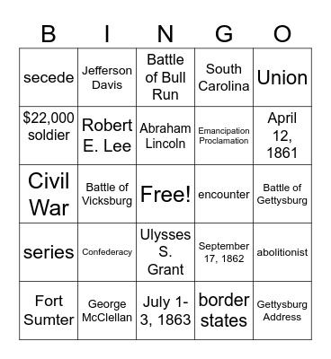 Civil War Bingo Card