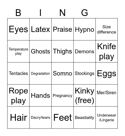 Physical Kinks Bingo Card