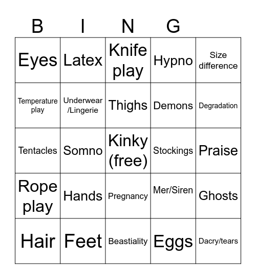 Physical Kinks Bingo Card