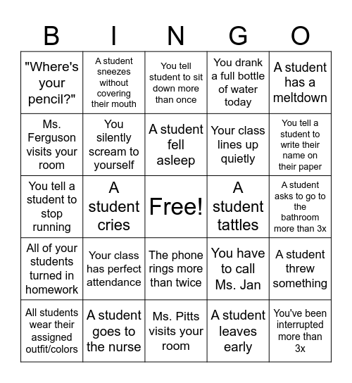 Teacher Bingo! Bingo Card