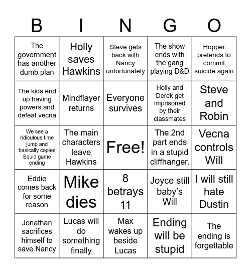 Stranger Things Season 5 Bingo Card