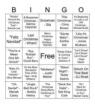 Holiday Song Bingo Card