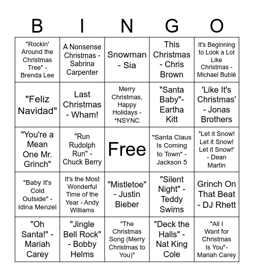 Holiday Song Bingo Card
