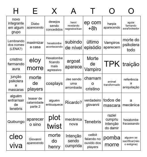 Hexatombe Ep. 9 Bingo Card