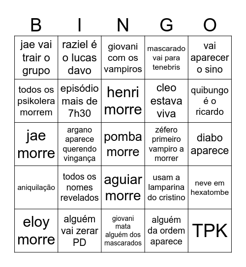 Hexatombe Ep 9 Bingo Card