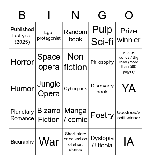 Reading Bingo 2026 Bingo Card