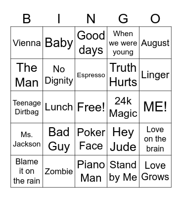 Izzie's Playlist Bingo Card