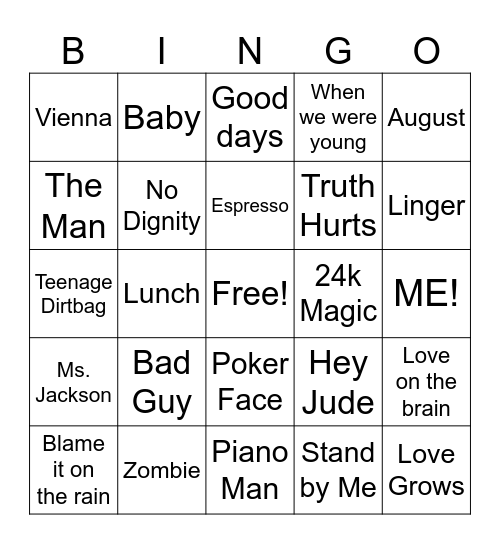 Izzie's Playlist Bingo Card
