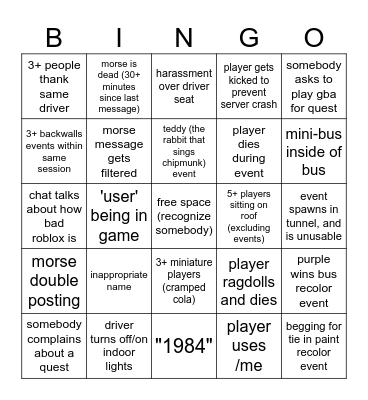 Bus SImulator Bingo Card Bingo Card