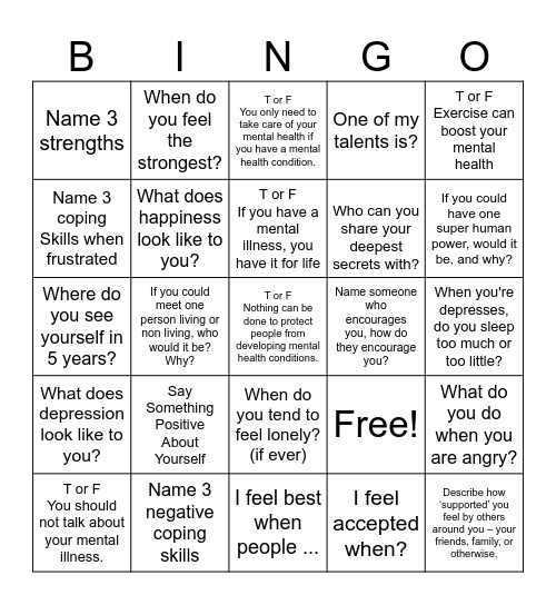Mental Health Bingo . Bingo Card
