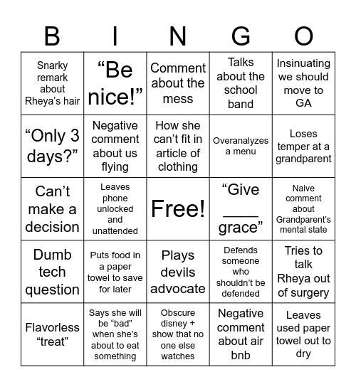 Lisa-isms Holiday 2025 Bingo Card