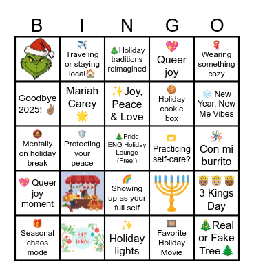 Pride ENG Holiday Bingo Card