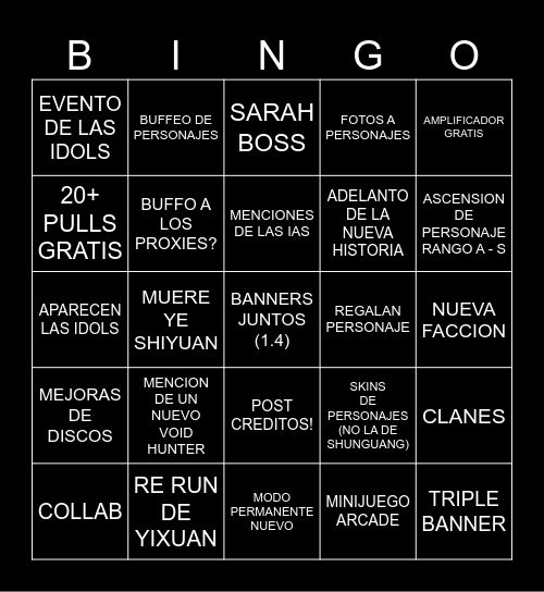 LIVE 2.5 Bingo Card