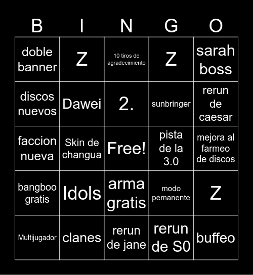 ZZZ 2.5 Bingo Card