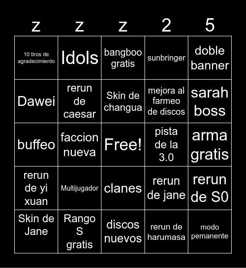ZZZ 2.5 Bingo Card