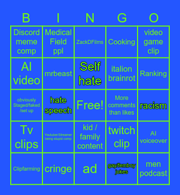 Youtube Shorts/ TikToks Bingo Card