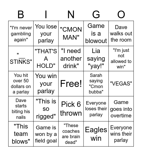 NFL BINGO Card