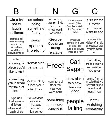 YouTube Bingo Card