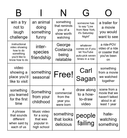 YouTube Bingo Card