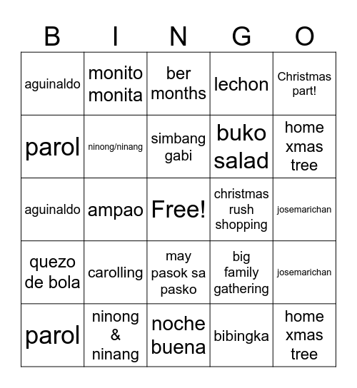holiday bingo Card