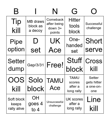 NCAA Volleyball Championship Bingo Card