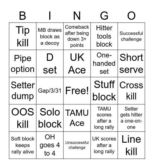 NCAA Volleyball Championship Bingo Card