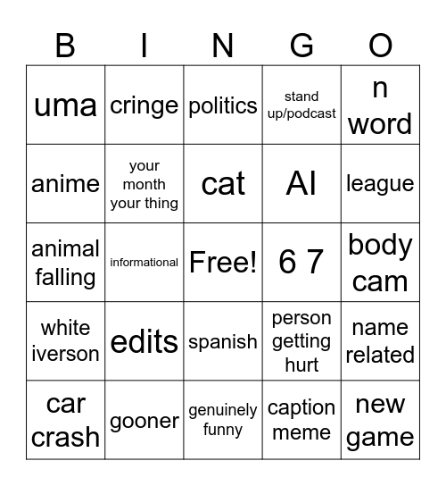 1 per reel Bingo Card