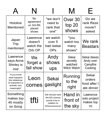 Anime Ranking OP Bingo Card