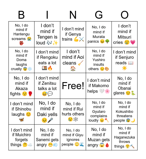 B9 L13 I don’t mind if Tanjiro smiles 🙂🌸 Bingo Card