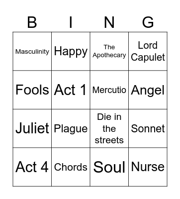 Romeo & Juliet Bingo Card