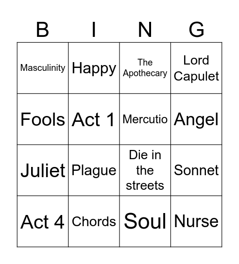 Romeo & Juliet Bingo Card