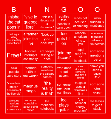 Lee's Live Bingo Card