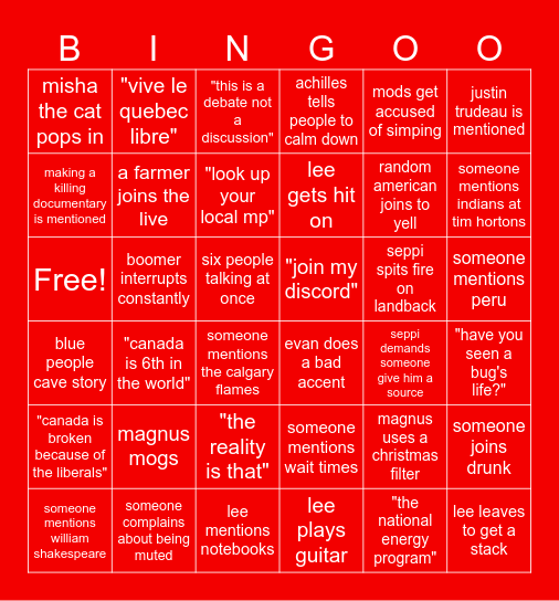 Lee's Live Bingo Card