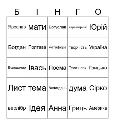 Я знаю! Bingo Card