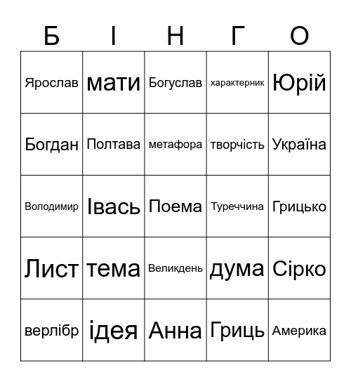 Я знаю! Bingo Card