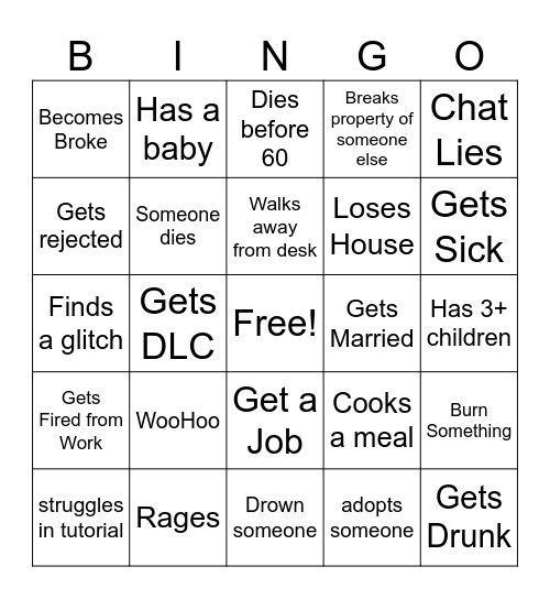 Caseoh Sims 4 Bingo Card