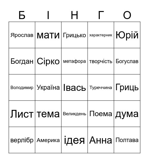 Я знаю! Bingo Card