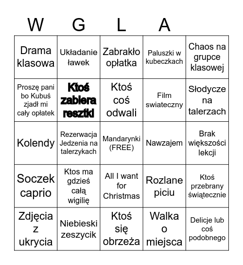 Typowa wigilia klasowa Bingo Card