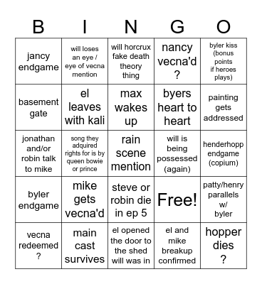 Stranger Things Vol. 2-3 Bingo Card